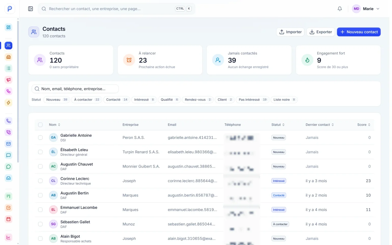 Liste des contacts dans ProspectPhoning avec statuts de prospection et score